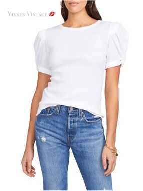 1. STATE FITTED RIBBED 'PUFF SLEEVE SHORT SLEEVE KNIT T-SHIRT' IN ULTRA WHITE